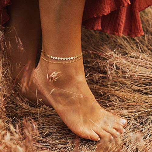 LOYATA Dainty Ankle Bracelet,14K Gold Plated Tiny Bead Anklet Dainty White Cubic Zirconia Cross Tassel Foot Chain Cute Lucky Moon Evil Eye Foot Jewelry Boho Anklets for Women - color: Layer Gold Bead