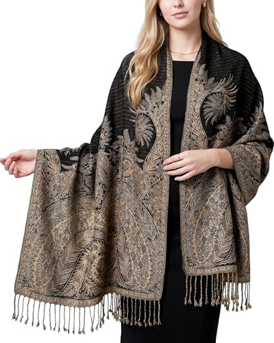 Achillea Reversible Paisley Pashmina Rave Scarf – Exotic Indian Shawls and Wraps for Evening Dresses, Festivals, All Seasons - color: Big Paisley Black