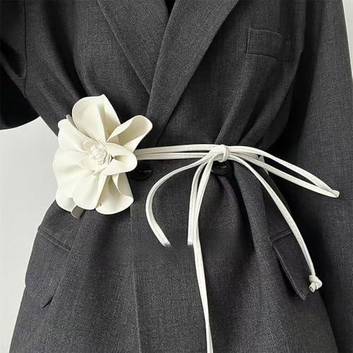 Boho Big Flower PU Leather Waist Belt Chain for Women Rose Floral Camellia Long Tassel Adjustable Waist Band Jewelry - color: White