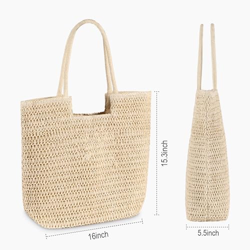 WantGor Straw Beach Bags, Women Summer Woven Tote Bag Large Boho Shoulder Handbags Casual Travel Beach Bag Foldable Hobo Bags - color: Beige
