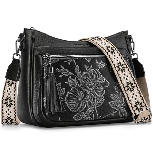 Crossbody Bags for Women, Vegan Leather Medium Crossbody Purse, Spacious Daily Travel Shoulder Bag with Boho Strap - color: Black Silver