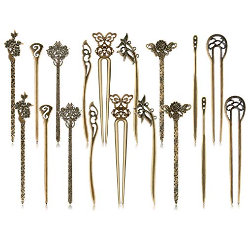 TUPARKA 18 PCS Hair Sticks Vintage Hair Pins Chinese Women Hair Chopsticks Pins Retro Vintage Decorative for Hair Accessory（9 Design） (bronze) - color: bronze