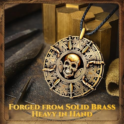 UNKENBO® Pirate Necklace for Men Women - Double-Sided Antique Brass Pirate Accessories, Cursed Skull Coin Medallion Jewelry, Authentic Halloween Cosplay Costume Jewelry Pendant Gift - color: Antique Brass