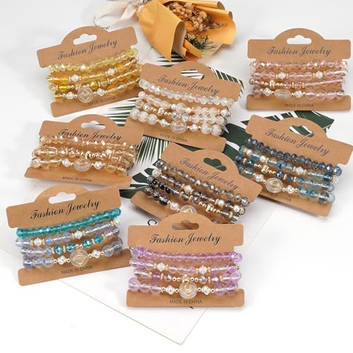 Boho Beaded Bracelet Set for Women - 4 Pcs Multilayer Stackable Crystal Glass Bead Bracelets with Faux Pearl Elastic Stretch Fashion Jewelry for Daily Wear, Beach, Party & Gifts - color: Yellow