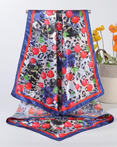 AWAYTR 35” Square Satin Head Scarf Hair Scarf for Women's Hair Silk Bandana for Women Silk Head Wrap for Sleeping - color: Leopard Print Blue