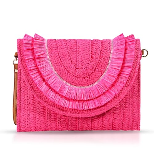 Crossbody Bags for Women, Straw Clutch Purses, Bohemian Handmade Woven Envelope Package, Tassel Handbags for Women | Bohemian - color: Red
