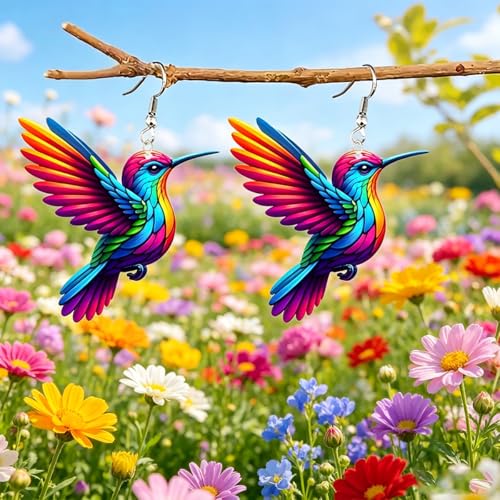Hummingbird Necklace Earrings Set for Women Cute Colorful 2D Bird Pendant Necklace Acrylic Hypoallergenic Dangle Earrings Trendy Jewelry for Bird Lovers - color: Colorful 2