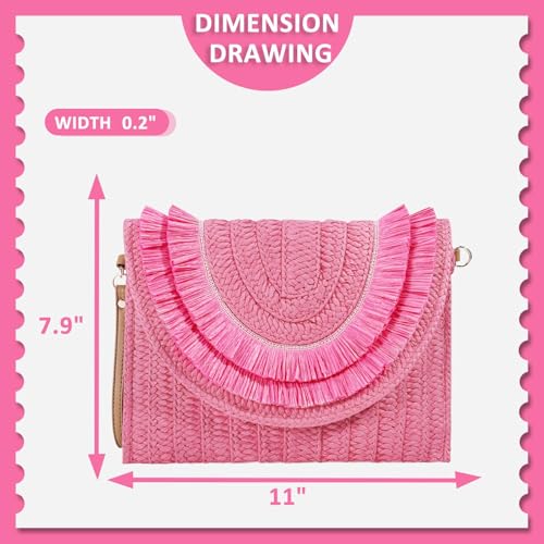 Crossbody Bags for Women, Straw Clutch Purses, Bohemian Handmade Woven Envelope Package, Tassel Handbags for Women | Bohemian - color: Light Pink