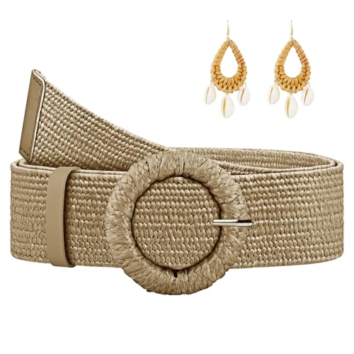 Straw Woven Elastic Belt for Women, Boho Braided Raffia Waist Belt, Stretch Rattan Belt for Summer Dresses - color: Round Buckle-khaki-with Earrings, size: S: Fit waist size up to 29"
