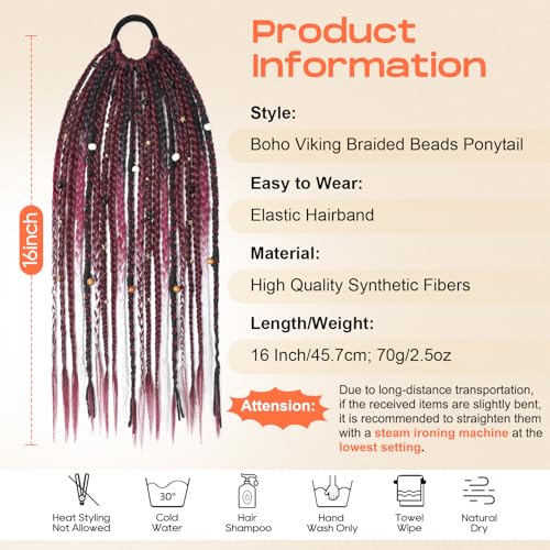 SEIKEA Boho Braided Ponytail Extension on Hair Tie, 16" Full Volume Lightweight Viking Dreadlock Ponytail Braid in Dreadlock Extensions with Beads and Shells, Festival Hair Accessories for Women Girls - color: Midnight Burgundy Blend