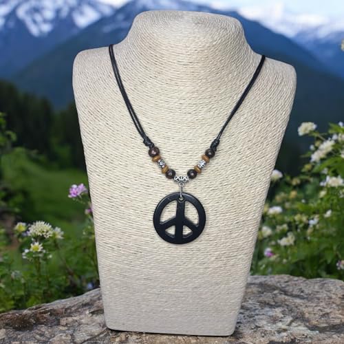 LAVIP Peace Sign Pendant Necklace, Black Cord with Wooden Beads, Boho Style - color: Black