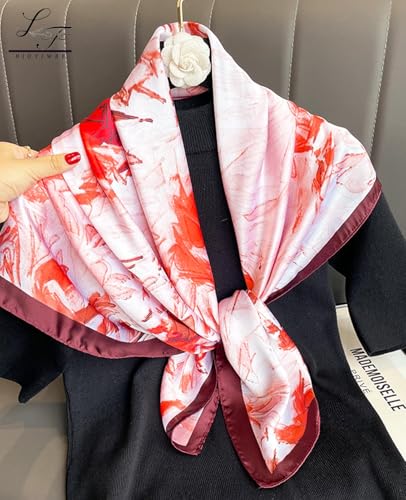 Hioyiwse Head Scarf For Women Hair Bandana 35" Large Square Satin Wrap Sleeping Neck Silk Satin Hair Scarves Lightweight - color: F28-orange Painting（35*35inch）