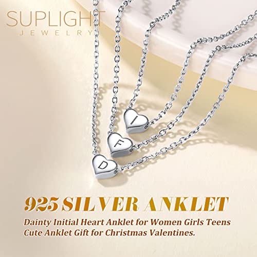 Suplight 925 Sterling Silver Initial Heart Anklets for Women Dainty Ankle Bracelets Letter Anklet Adjustable Plus Size Foot Chain Summer Beach Boho Jewelry - color: X