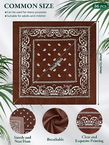 Unittype 36 Pieces Paisley Bandana Cowboy Bandanas Sports Novelty Headband Square Scarf Outdoor for Western Party Costume - color: Brown, style: Simple Style