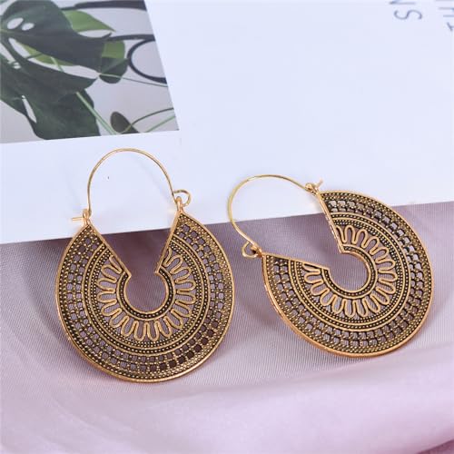 Boho Antique Carved Flower Dangle Drop Earrings for Women Vintage Retro Handmade Hollowed Antiqued Bronze Floral Shaped Geometric Gold Silver Plated Hoop Earrings for Ethnic Style Jewelry Gifts - color: Gold round earrings