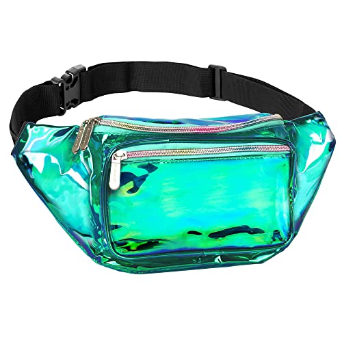 Fanny Pack Belt bag - Crossbody Waist Bag for Men or Women - Hands-Free, Waterproof Large Bumbag for Hiking, Running, and Travel (Holographic Transparent - Aqua) - color: Transparent - Aqua