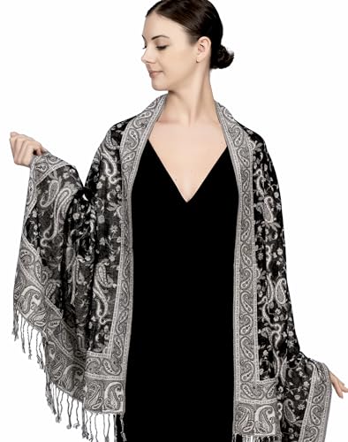Achillea Reversible Paisley Pashmina Rave Scarf – Exotic Indian Shawls and Wraps for Evening Dresses, Festivals, All Seasons - color: Black White