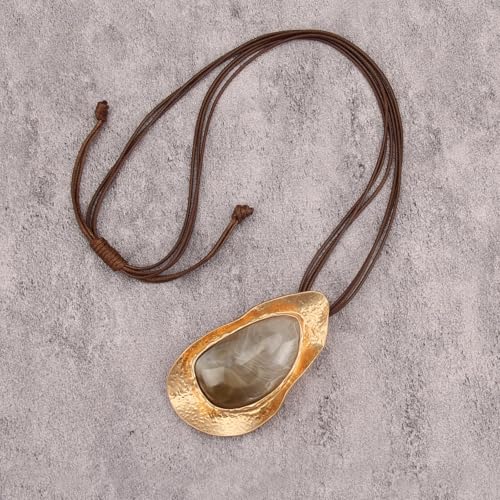 GelConnie Leather Necklace for Women Large Pendant Long Brown Necklace Circle Leather Choker Vintage Sweater Necklace Gold Chunky Boho Necklaces for Women - style: Large Grey Stone Necklace