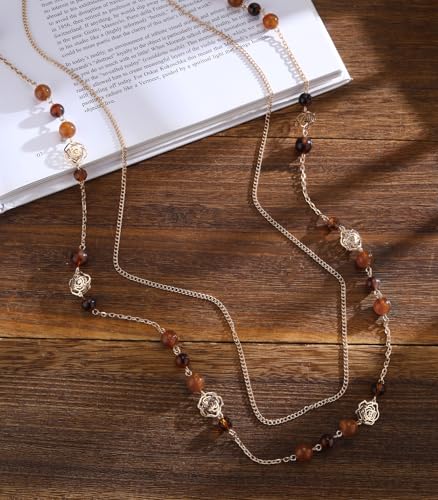FULU AUTUMN Boho Gold Long Necklaces for Women Natural Stone Beaded Layered Long Necklace Mothers Day Gifts Dainty Flower Costume Jewelry for Women - color: Dark Coffee