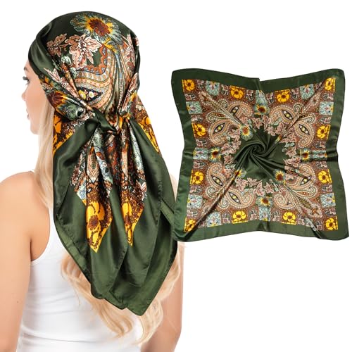 Pistha Head Scarf Bandana for Women, Satin Scarf for Hair, Large Square Silk Bandana Headscarf for Women and Men 35 Inch - style: Classic-green