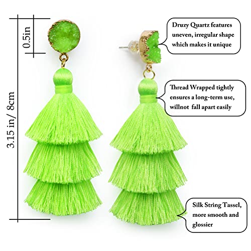 Me&Hz Colorful Layered Tassel Earrings Bohemian Statement Tiered Tassel Big Dangle Drop Earrings for Women Druzy Studs Valentine’s Day Gift - color: Fluogreen