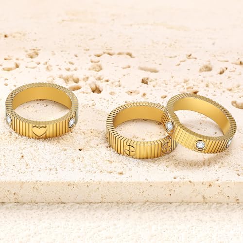 PDWZNBA Mothers Day Gifts for Mom Linear Stripe Textured Ring | 14K Gold-Plated Stainless Steel Promise & Friendship Ring, Wedding Band, Birthday Gifts for Women - color: CGold, size: 5