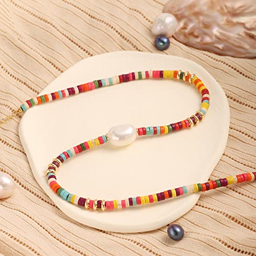 CANEVINKA Bohemian Beaded Choker Necklace 18K Gold Plated Bead Pendant Necklace Vintage Handmade Jewelry for Women - style: colorful