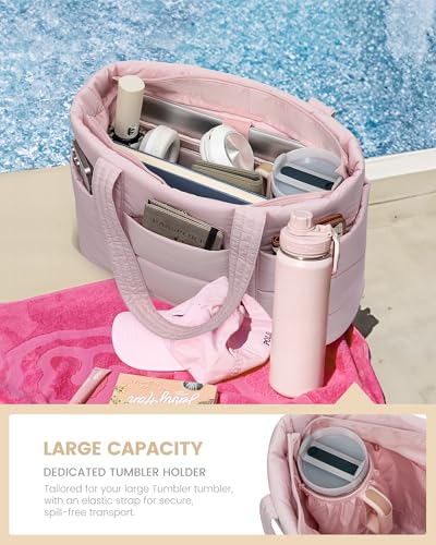 LOVEVOOK Tote Bag for Women, Large Puffer Work Tote Bag for 15.6 Inch Laptop, Lightweight Travel Tote with Zipper Gifts for Women - color: Pink-a, size: 15.6 Inch