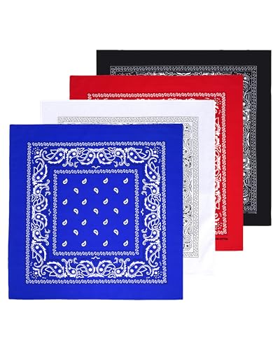 Bycc Bynn Large 27" x 27" 100% Cotton Bandanas - Set of 4 - color: Red+black+royal Blue+white