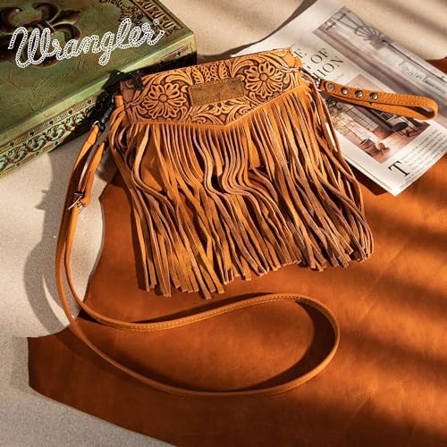 Wrangler Crossbody Small Purse for Women Wristlet Fringe Bag Western Purse - color: Angel Light Brown