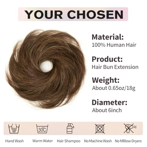 Messy Bun Hair Piece, 100% Real Human Hair Extensions, Soft Fluffy Elastic Scrunchie, 30s Easy Updo for Women & Kids, Ideal for Daily Wear, Ballet, Dance & Office Use (Highlight Brown) - color: Brown Highlights Honey, size: 4 Inch