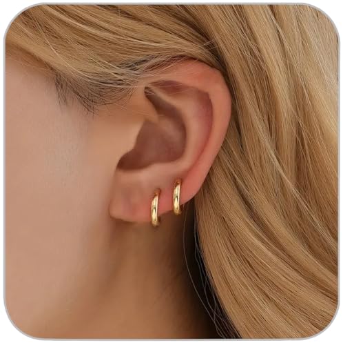 1 Pair 8mm Small Hoop Earrings for Women, Dainty 14K Gold Plated Huggie Hoop Earrings Hypoallergenic Lightweight Cartilage Earrings Set for Multiple Piercings for Sensitive (Gold/1.6mm) - color: Gold, size: 8mm (Thickness: 1.6MM)