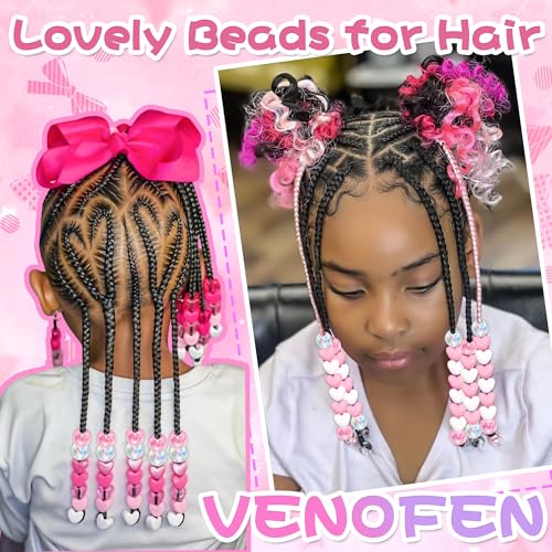 60PCS Pink Hair Beads Cute Heart Braids Beads AB Color Round Bead for Hair Dreadlock Jewelry Pony Bead Valentine's Day Loc Accessories for Kids Girls - color: Pink&White