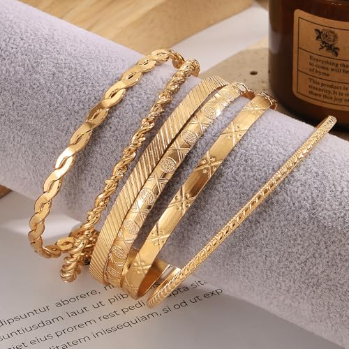 IFKM Gold Chain Bracelets Set for Women, 14K Gold Plated Multiple Layered Stackable Open Cuff Bangle Bracelet Anklet Bracelets Adjustable Link Tennis Beads Italian Cuban Jewelry for Women Gift - style: 6PCS Stack