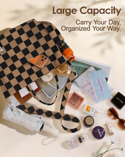 Miss Adola Crossbody Corduroy Tote Bag for Women, Large Tote Bag with Multi-Pockets and Zipper for Travel Work - color: Brown and Black Checkerboard
