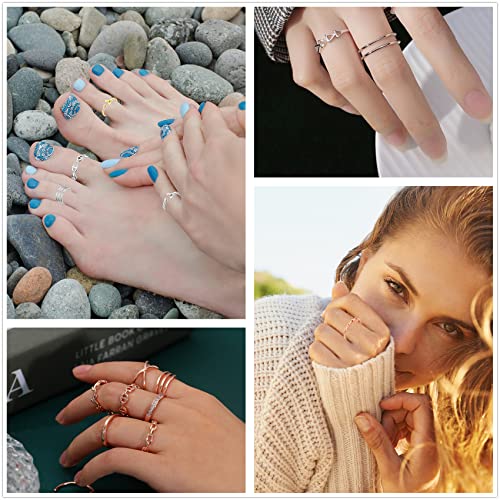 Honsny 12PCS Silver Plated Rings Adjustable Open Rings for Women Cute Gold Plated Stackable Thumb Rings Joint Chain Midi FingerArrow Knot Wave Band Rings Set - color: Rose gold 12pcs