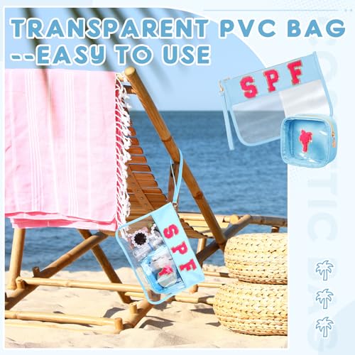 Hillban 2 Pcs Clear SPF Makeup Bag Chenille Letter Patch Sunscreen Bag Preppy Pouch Clear Cosmetic Toiletry Zipper Pouch Summer Beach Pool Sunscreen Purse - style: Spf Theme