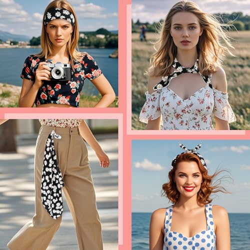 Bandanas for Women Men 21"x21" Floral Headband Scarf Versatile Hair Bandana Square Head Scarf - color: Little White Flowers in Black