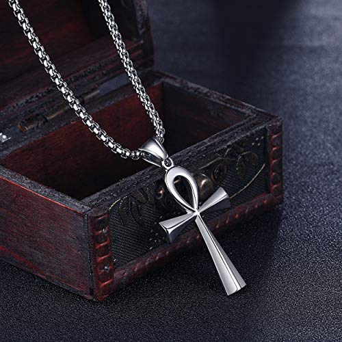 Rehoboth Stainless Steel Ancient Egyptian Coptic Ankh Cross Pendant Necklace for Womens Mens 24 Inch Chain Black Gold Silver - color: Silver