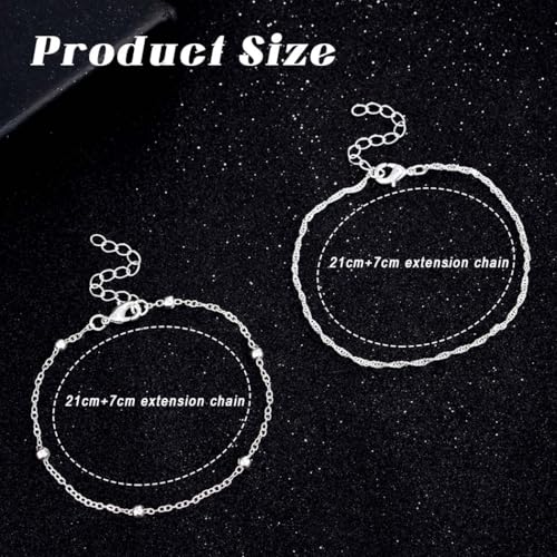 925 Sterling Silver Ankle Bracelets for Women 14K Gold Plated Layered Anklet Sets Dainty Heart Anklets Chain Waterproof Beach Foot Jewelry Gifts - style: Style2-Silver