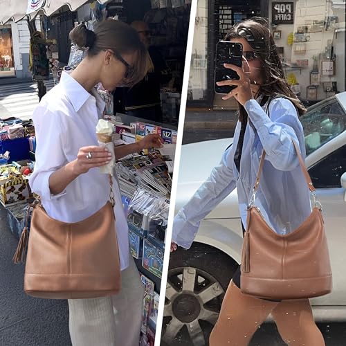 Genuine Leather Hobo Crossbody Bag for Women, Soft Real Leather Bucket, Shoulder Handbag Purse with 2 Removable Strap - color: Mocha