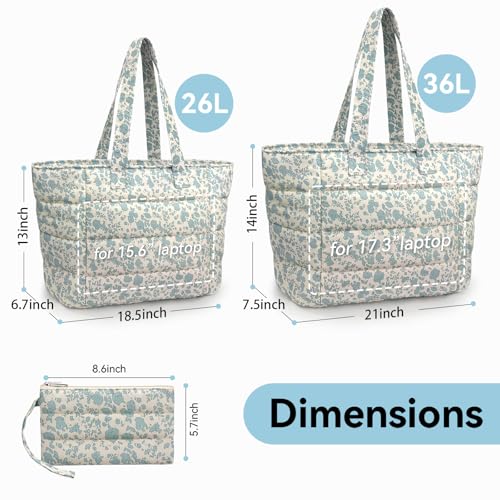 Puffer Tote Bag with Pouch, Women's Lightweight Quilted Shoulder Bag, 15.6"/17.3 Laptop Travel Weekender for Work & Nurses - color: Blue Flower, size: Large