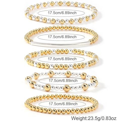 14K Gold Plated Beaded Bracelets Stack Set for Women,Stretch Boho Colorful Beads Ball Jewelry Friendship Summer Trendy - color: Gold silver