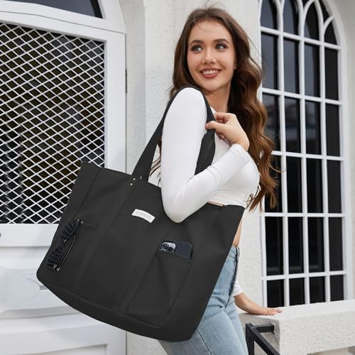 HOMESPON Large Canvas Tote Bag for Women Everything Bag with Pockets and Laptop Sleeve - color: Black