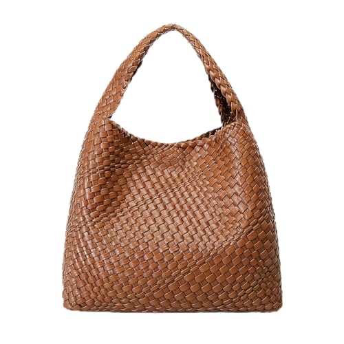 Woven Tote Bag For Women, Large Vegan Leather Travel Handbag, Casual Work Shoulder Bag, Underarm Commuter Hobo Bag With Purse - color: Brown