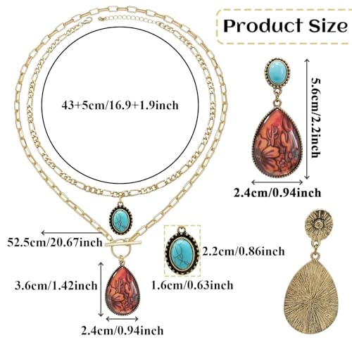 3 Pcs Western Turquoise Jewelry for Women Bohemian Set Cactus Turquoise Necklace Boho Dangle Earrings Country Concert Cowboy Chic Outfits for Women Jewelry Gifts Xmas Stocking Stuffers - color: Gold