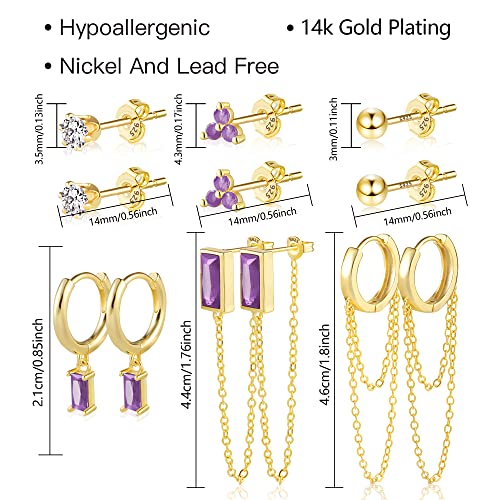BOUTIQUELOVIN 14K Gold Stud Earrings Set for Women, for Multiple Piercing Silver Plated Studs Earrings and Zirconia Earring Set Small Huggie Hoop Chain Earing - color: 6Pairs Purple