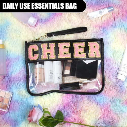 BuyCard Cheer Chenille Letter Bags Clear Makeup Bag, Cheerleader Gifts Cosmetic Bag, Varsity Preppy Patch Flat Pouch Cheer Accessories, Waterproof PVC Organizer Toiletry Bag for Women Girls Black - color: Black-Cheer