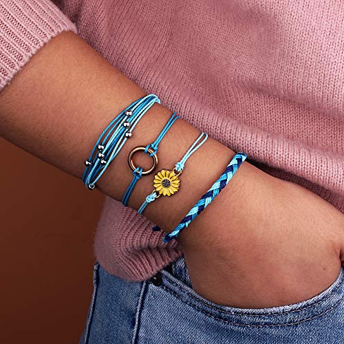 FANCY SHINY Easter Gifts Basket Stuffers Sunflower String Bracelet Boho Braided Rope Wrap Bracelets Cute Summer Beach Surfer Jewelry for Women - color: Skyblue