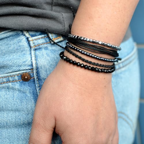 Mezcla Vida Handmade Waterproof Rope Bracelets Pack String & Beaded Bracelet Stack - Set of 5 Stackable Bracelets For Women, Summer Accessories & Bohemian Bracelets for Teen Girls - color: Black